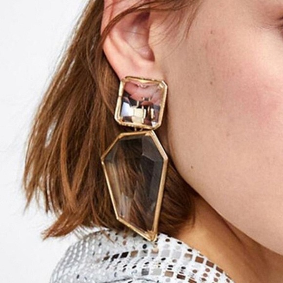 Boutique Jewelry - Gold statement earrings Oversized crystal clear geometric cocktail prom 💖